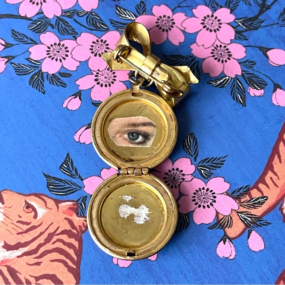 Vintage blue guilloche enamel & goldtone bow locket brooch pin romantic rose - Picture 6 of 8